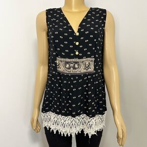 April Cornell Womens Black Paisley‎ Crochet Lace Hem Sleeveless Tunic Top Size M